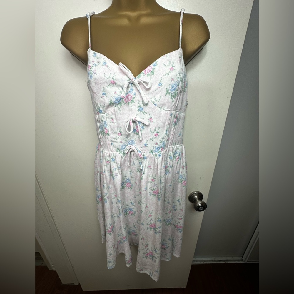 Altar'd State White Pink Blue Roses Floral Bow Tie Front Rayon Linen Dress NWT L